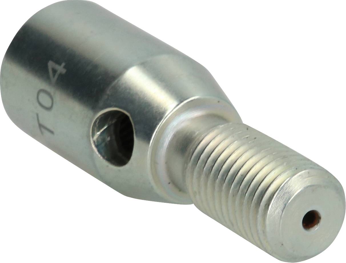 Metallischer Adapter mit Gewindeende und einem Loch an der Seite, gekennzeichnet mit 'T04', für mechanische oder industrielle Anwendungen.
