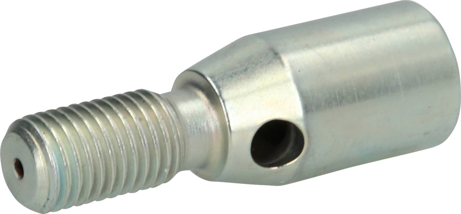 Ein metallischer Adapter mit einem Außengewinde, zylindrischem Körper und einer seitlichen Bohrung. Wird zur Befestigung verwendet.