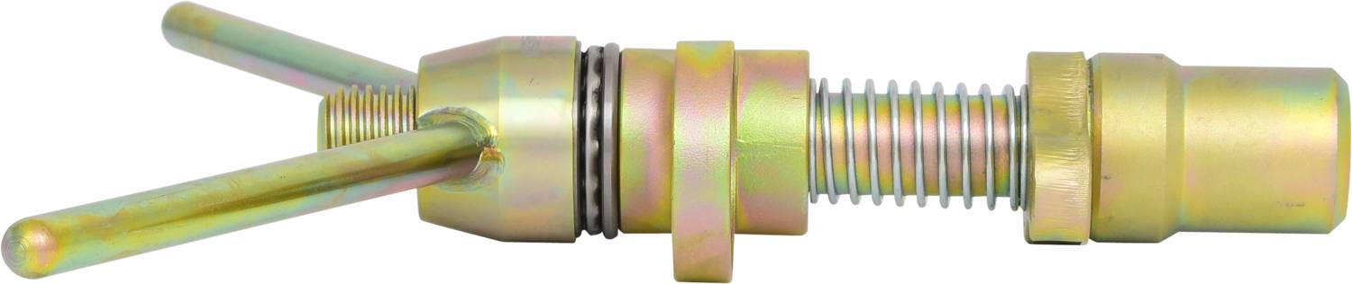 Ein goldfarbenes mechanisches Werkzeug mit Gewindeschnecke, zylindrischen Elementen und einer Auswahl an Ringen und Scheiben.