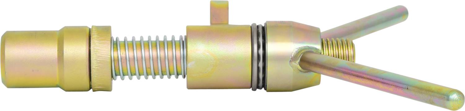 Ein goldenes mechanisches Bauteil mit Federn und zwei langen Hebeln zur Handhabung oder Positionierung in technischen Geräten.