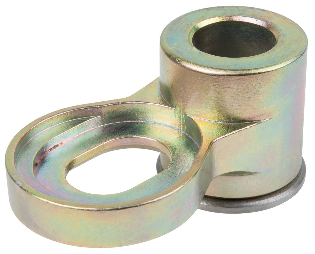 Ein metallischer Augenschraubenadapter mit einem runden Loch und einer ovalen Befestigungsöffnung, hauptsächlich goldfarben.