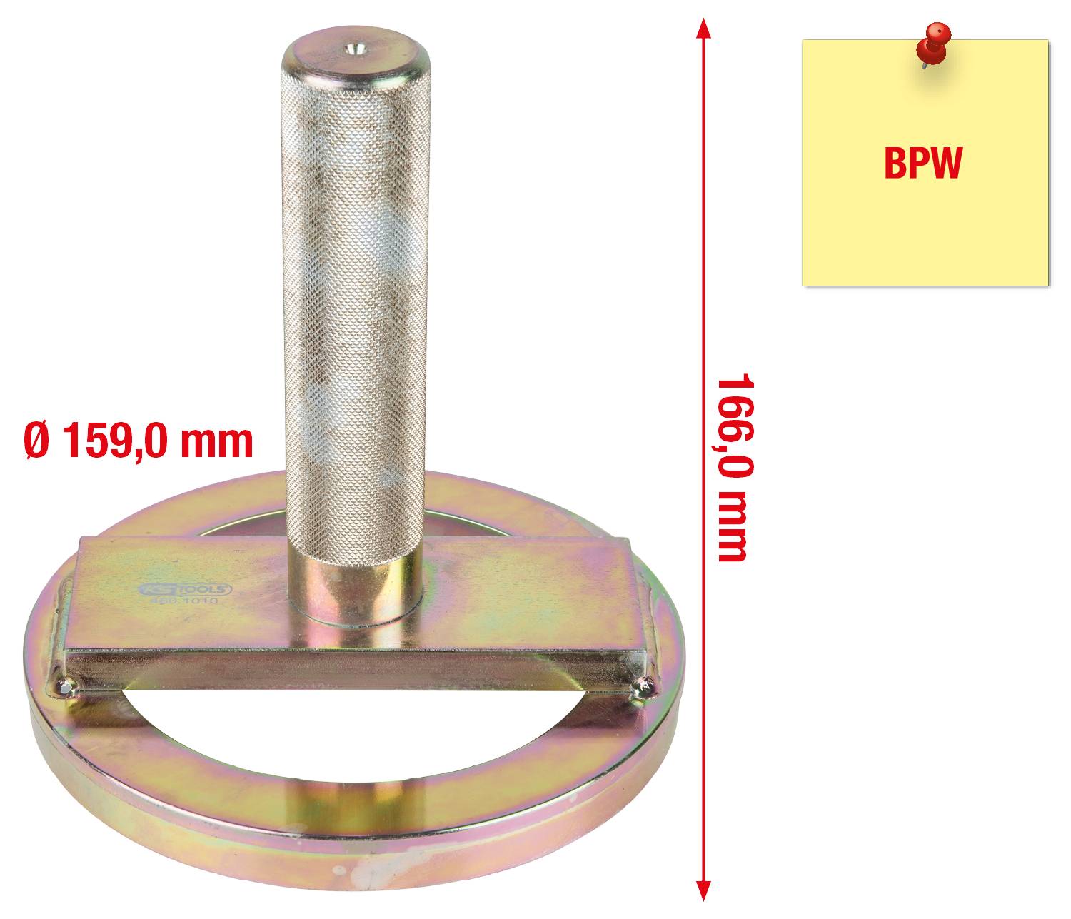 Ein metallisches Werkzeug mit rundem Griff und kreisförmigem Basisring. Maße: Durchmesser 159,0 mm, Höhe 166,0 mm. Gelber Zettel mit rotem Text 'BPW'.