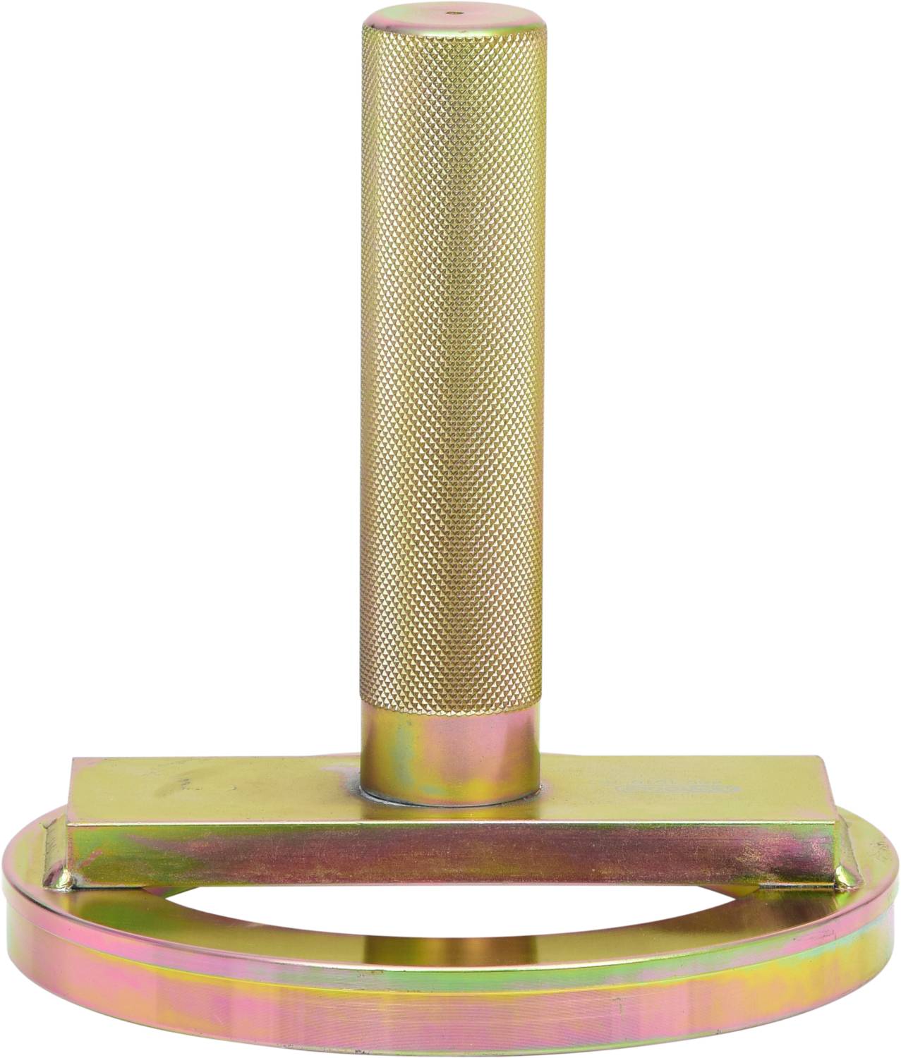Ein gelbes Metallwerkzeug mit rundem Griff und kreisförmiger Basis. Wird genutzt, um einen gleichmäßigen Druck auf Oberflächen auszuüben.
