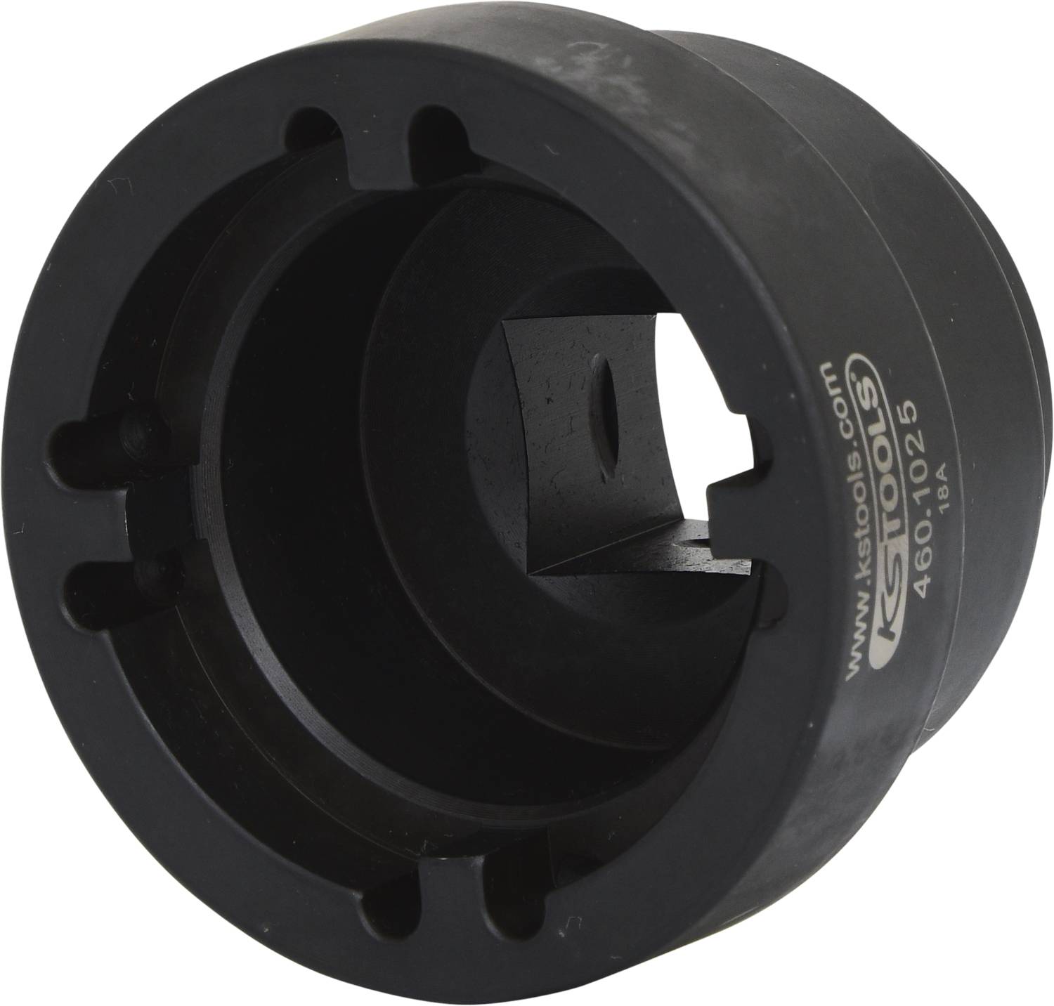 Schwarzes Metallwerkzeug mit runder Form, vier Kerben an der Innenseite. Verwendet zur Befestigung oder Justierung von Verbindungen.