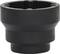 Ein schwarzer, zylindrischer Adapter, möglicherweise ein mechanisches Teil oder Werkzeugaufsatz, steht vor weißem Hintergrund.