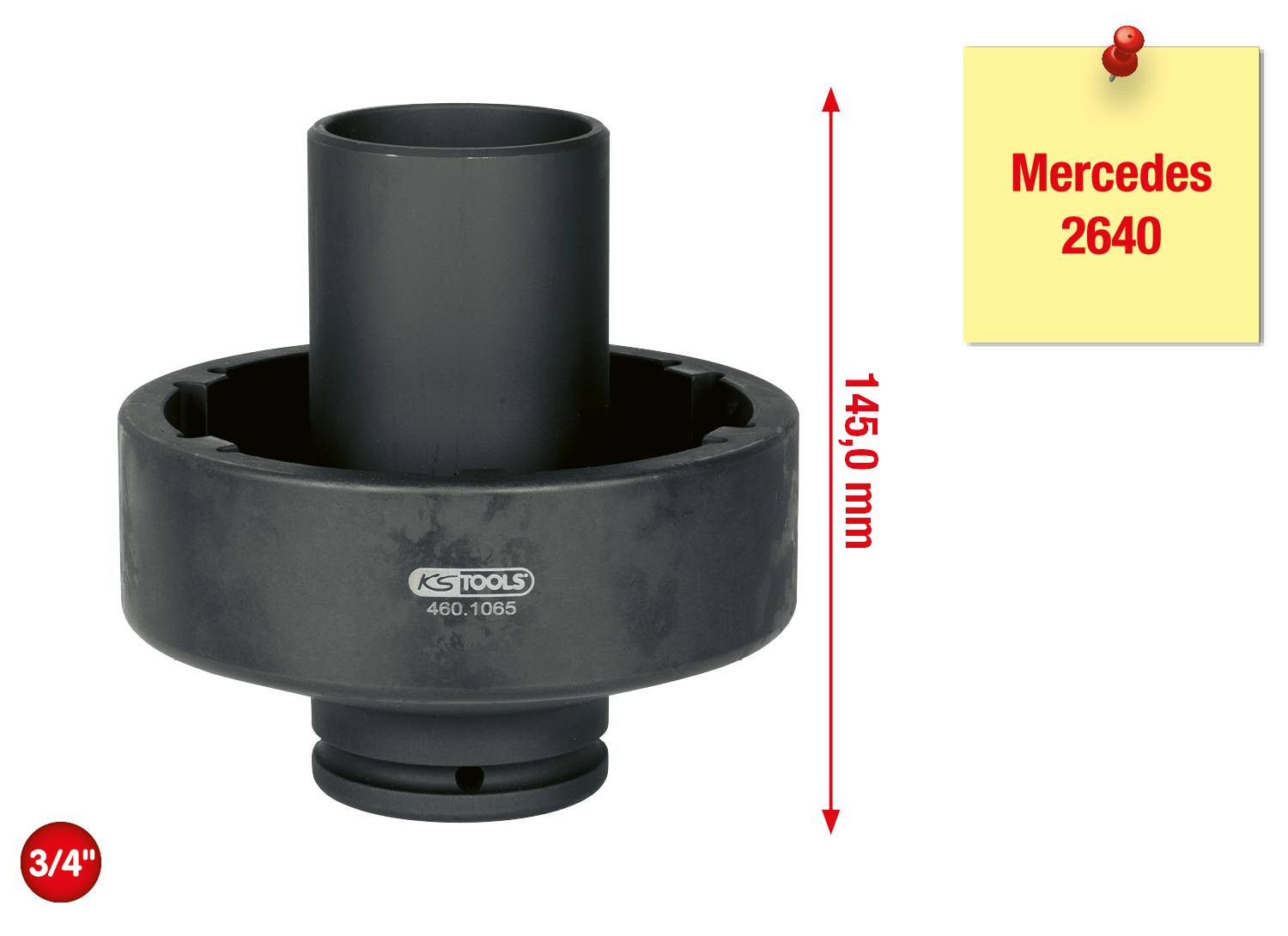 'Ein 3/4 Zoll Werkzeug von KS Tools, Modellnummer 460.1065, mit einer Höhe von 145,0 mm, geeignet für Mercedes 2640 Anwendungen.'