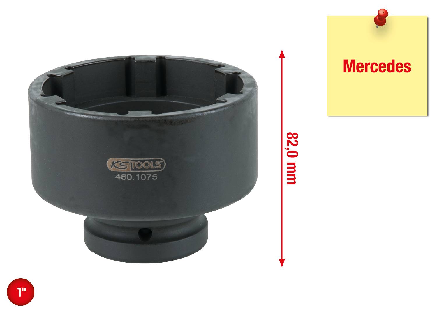 Schraubenschlüssel speziell für Mercedes, Durchmesser 82,0 mm, mit 1-Zoll-Antrieb, geeignet für professionelle Werkstattanwendungen.