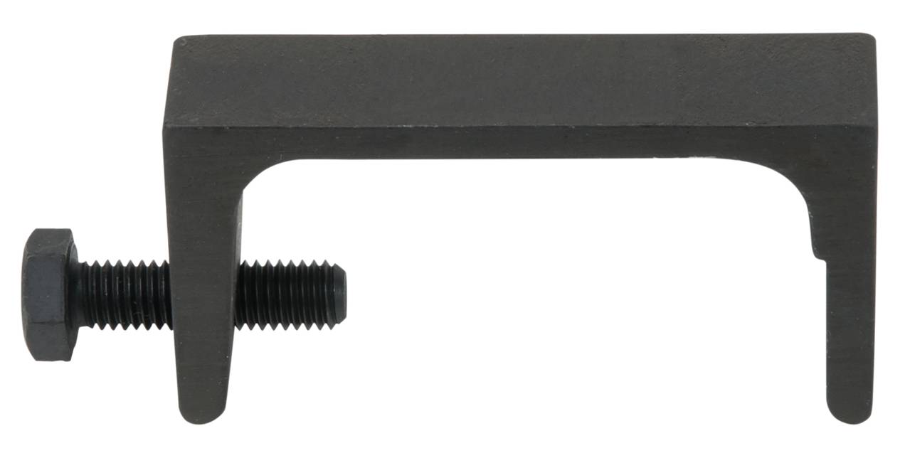Metallische Halterung mit Schraube, zur Befestigung von Bauteilen. Schraubenkopf zeigt nach links. Rechteckige Form der Halterung.