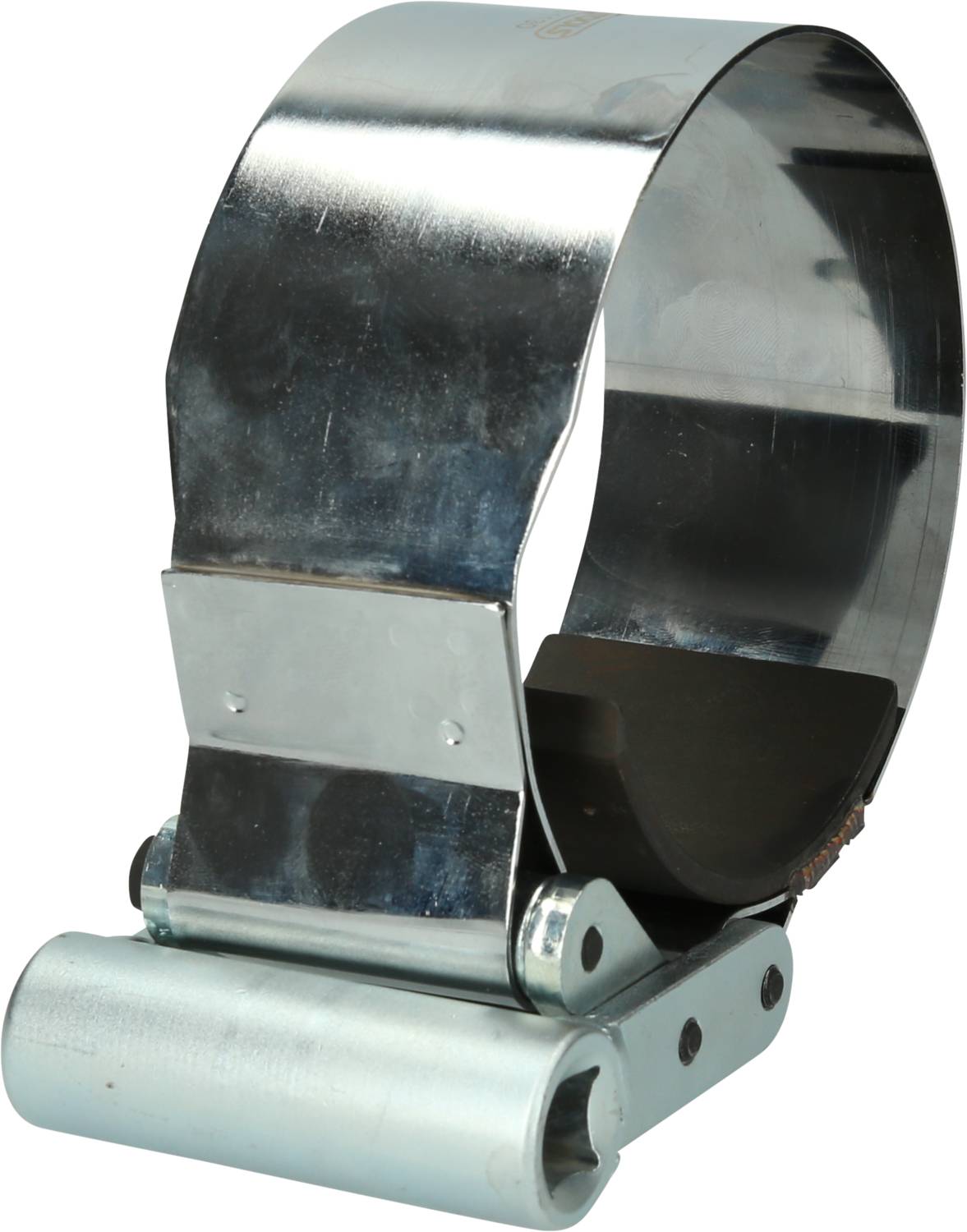 Ein silbernes Werkzeug zum Spannen von Metallbändern. Es hat einen zylindrischen Griff und eine breite, gebogene Spannfläche.