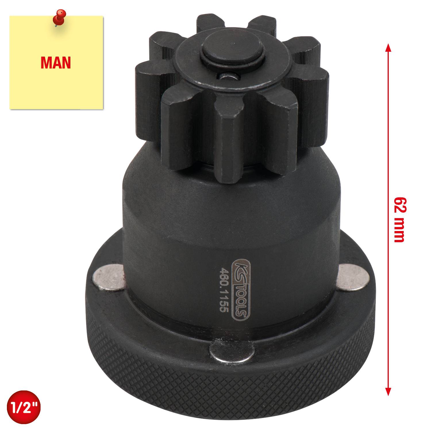 Schwarzes Spezialwerkzeug, zahnradähnlich, Höhe 62 mm. Verwendet für 1/2 Zoll Gewinde. Markenlogo und Nummer auf der Oberfläche.