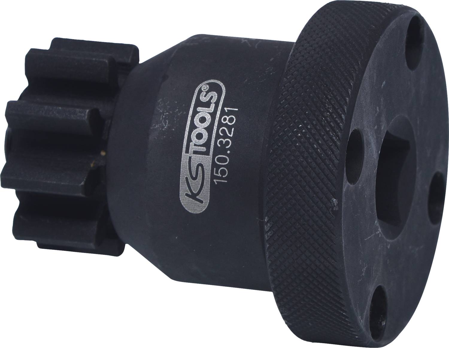 Schwarzes Werkzeug mit Zahnradaufsatz und Aufschrift 'KS Tools 150.3281'.用于工业和机械应用。