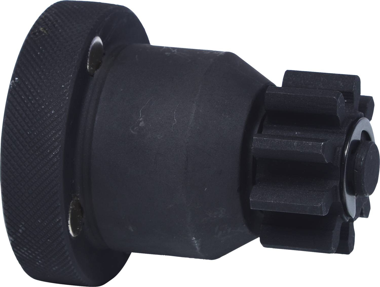 Ein schwarzes mechanisches Bauteil, zylindrisch mit einem gezahnten Ende und zwei Schraubenlöchern, vermutlich ein Adapter oder Verbinder.