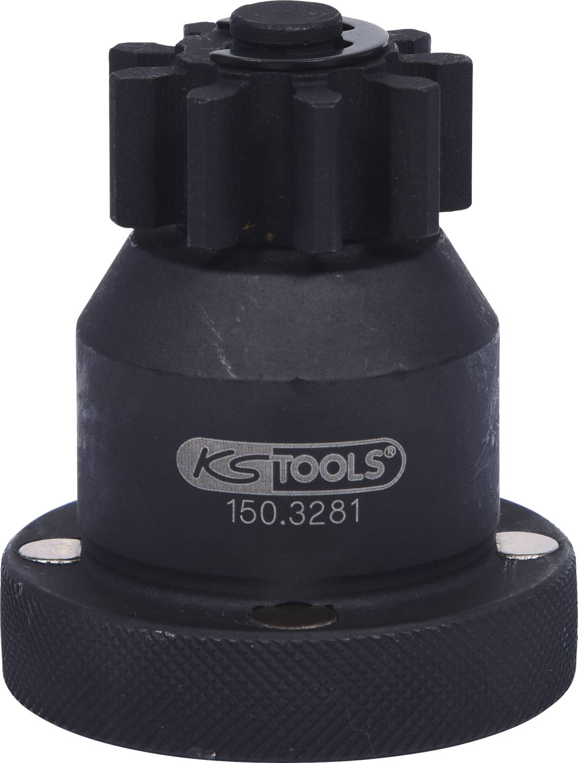 Schwarzes Werkzeug mit zylindrischem Körper, von KS Tools, Modellnummer 150.3281, vor weißem Hintergrund.