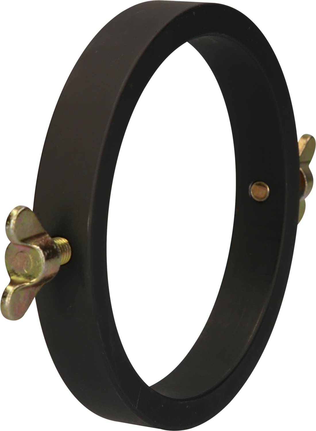 Schwarzer, runder Ring mit zwei goldenen Flügelschrauben an den Seiten.