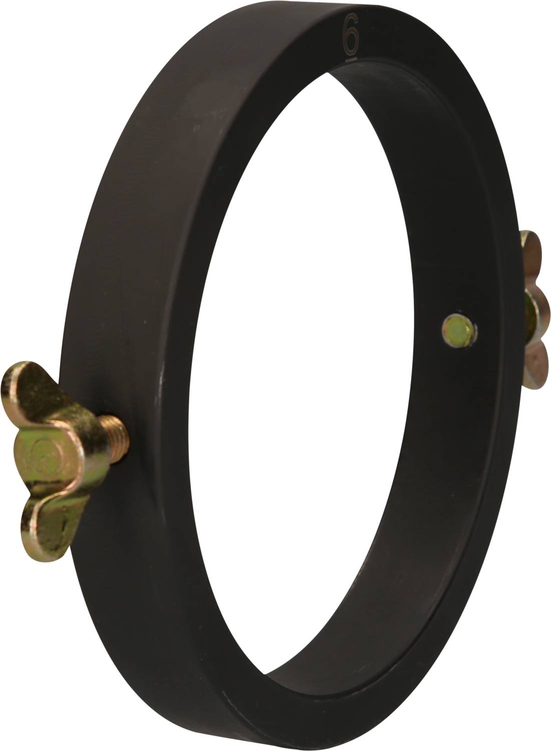 Ein schwarzer Ring mit zwei goldenen Flügelschrauben, scheint als Befestigungselement zu dienen.