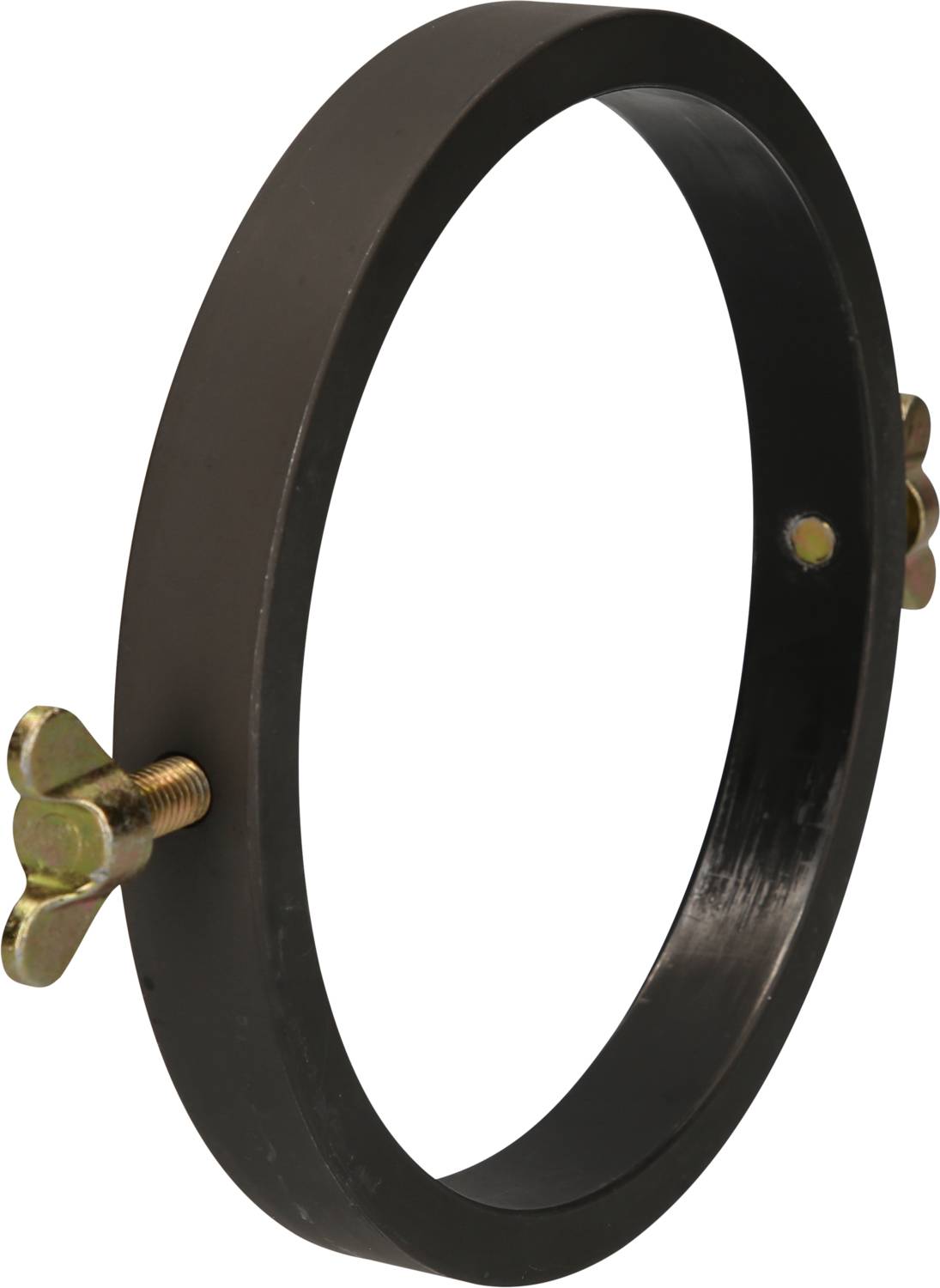Schwarzer Ring mit zwei Flügelschrauben, die für Befestigungszwecke aus dem Ring herausragen.