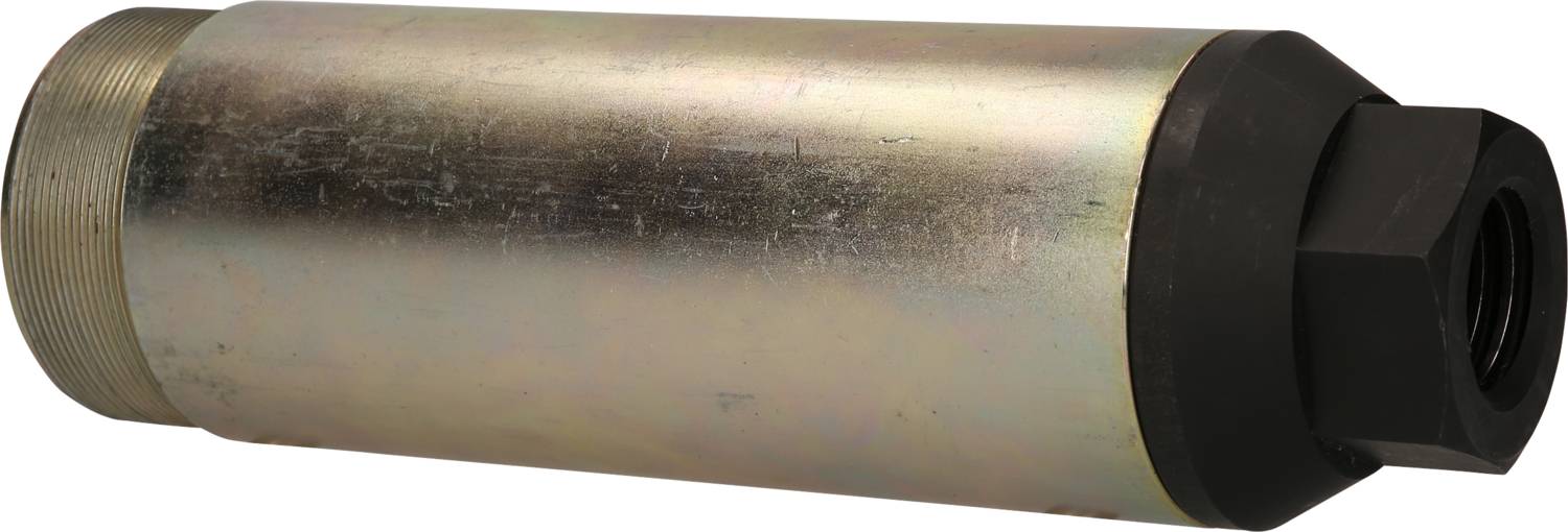 Zylindrischer Metalladapter mit Außengewinde auf einer Seite und einem sechseckigen Anschluss auf der anderen, leicht abgenutzt.
