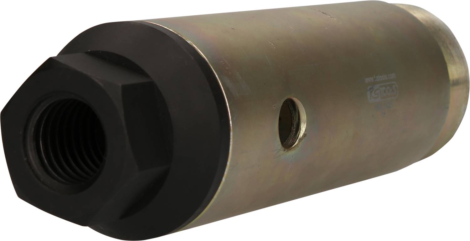 Metallzylinder mit schwarzem Sechskantverschluss und seitlicher Öffnung, möglicherweise ein Maschinenteil oder ein Adapter.