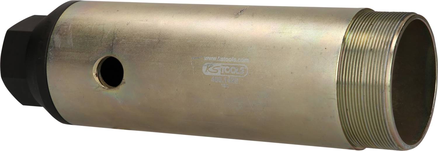 Metallzylinder mit Gewinde an einem Ende und schwarzer Sechskantkappe am anderen Ende. Eine seitliche Öffnung ist vorhanden.