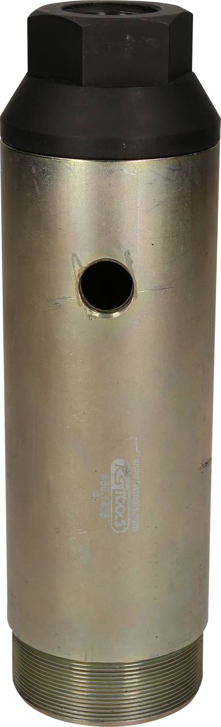 Zylindrisches Metallteil mit schwarzem Kopf und Gewinden auf beiden Seiten, zeigt Loch in der Mitte. Verwendet in hydraulischen Systemen.