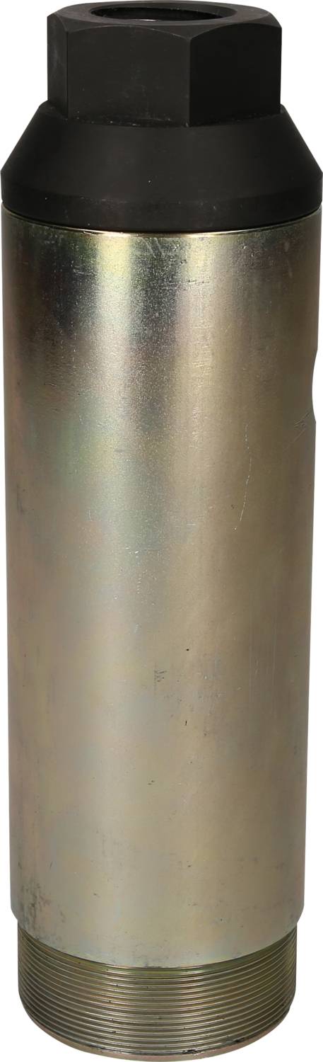 Metallzylinder mit schwarzer Ober- und Unterseite, möglicherweise Teil eines Maschinenbauteils oder Werkzeugs.