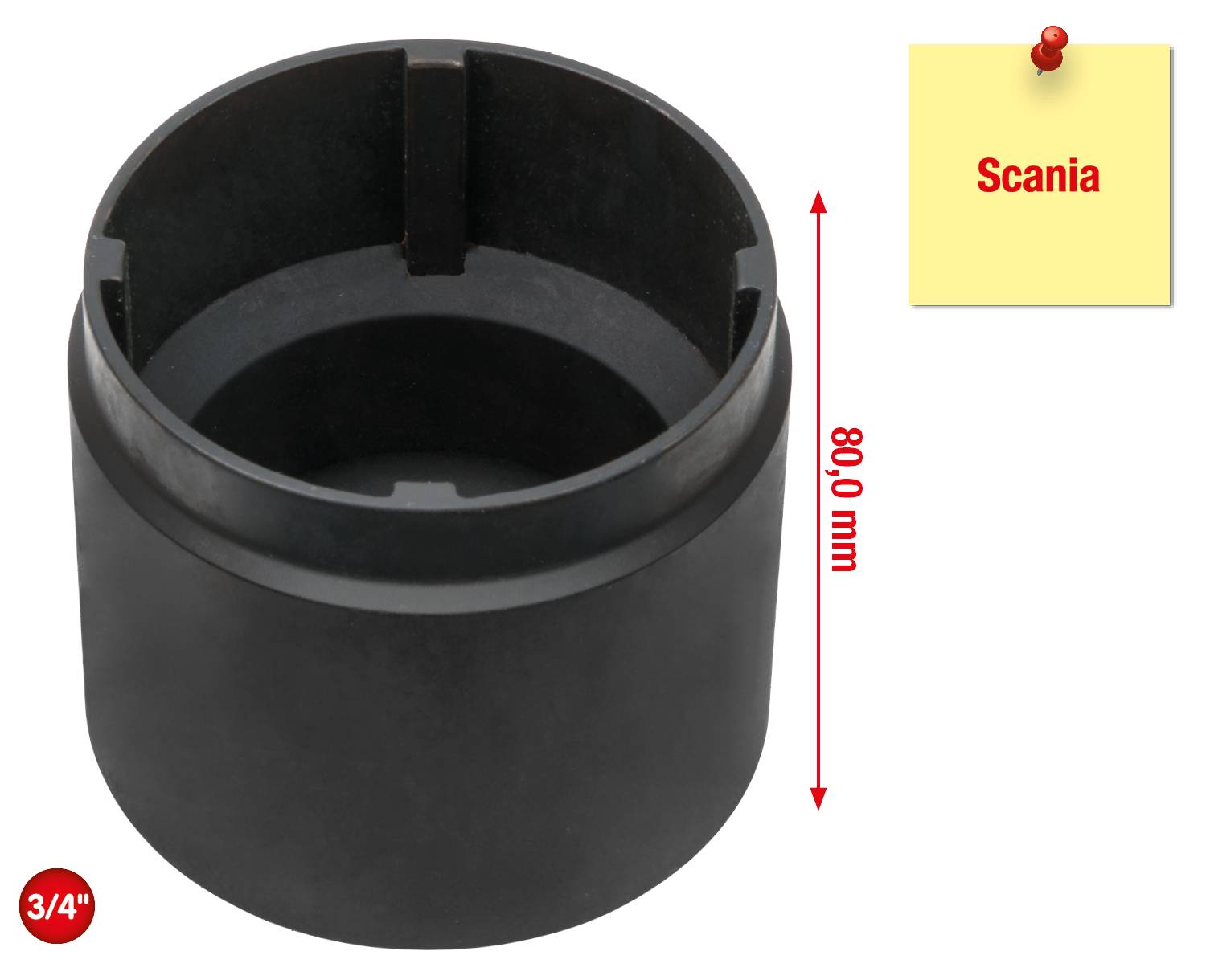 'Schwarzer Werkzeugaufsatz, 80,0 mm hoch, neben einem gelben Notizzettel mit rotem Text "Scania".'