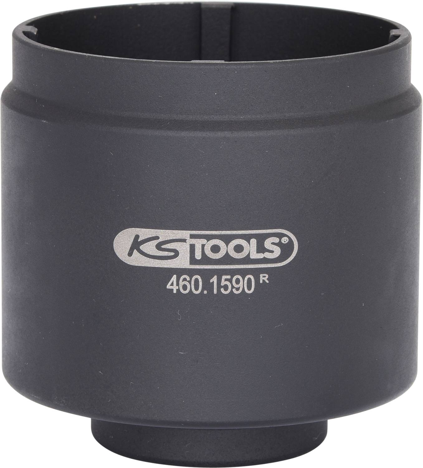 Schwarzer Steckschlüssel mit der Aufschrift 'KS Tools 460.1590 R', zylindrische Form, wird für mechanische Arbeiten verwendet.