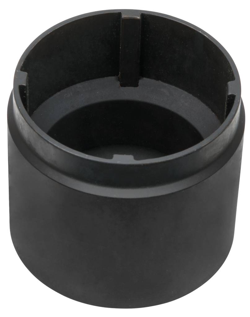 Ein schwarzer zylindrischer Metalladapter mit einer Aussparung oben, möglicherweise ein Werkzeugaufsatz oder Adapterstück.