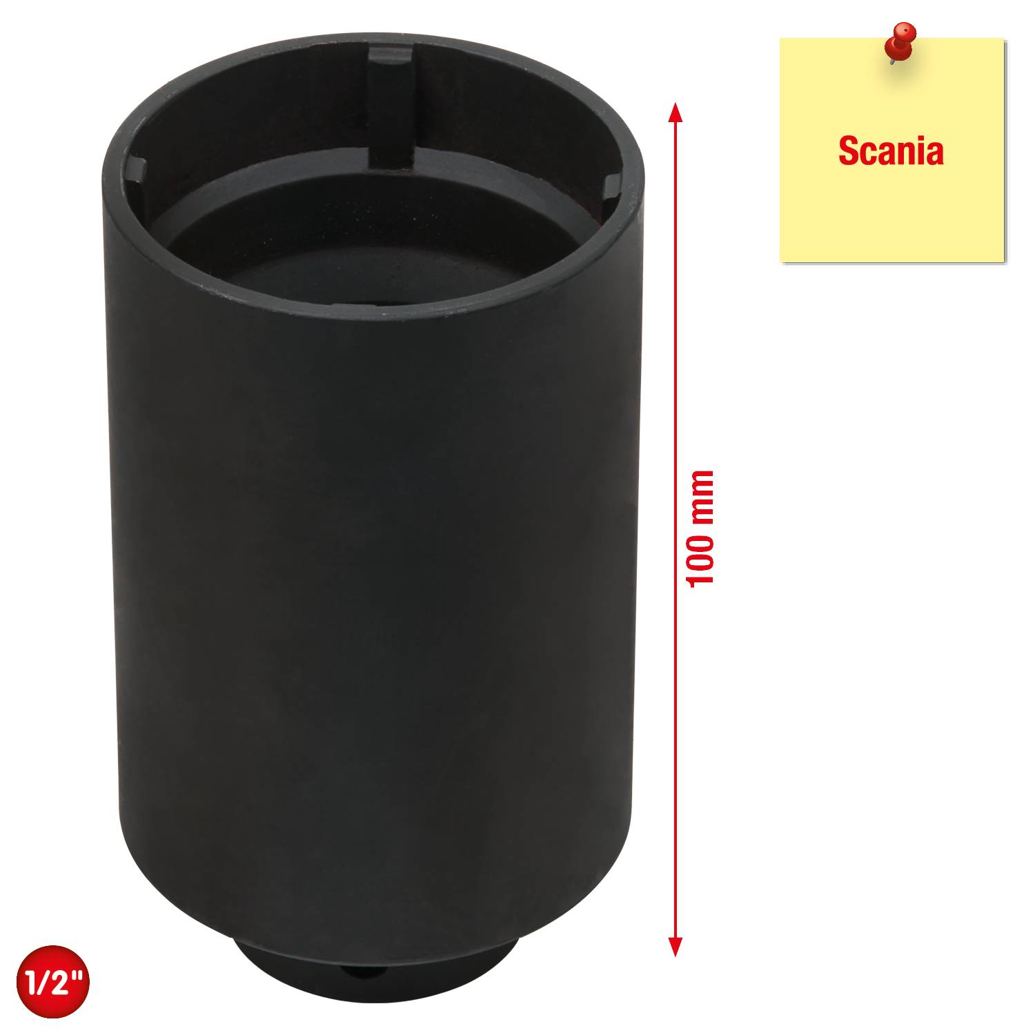 Schwarze zylindrische Kappe, 100 mm hoch, neben einer Notiz auf gelbem Hintergrund mit der Aufschrift 'Scania'. Unten: '1/2"'.