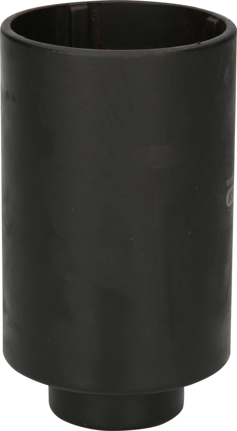 'Dunkler, zylindrischer Becher mit glatter Oberfläche und geschlossenem Boden.'