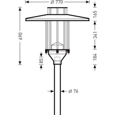 Technische Zeichnung einer Straßenlaterne mit Maßen: Höhe 690 mm, Dachdurchmesser 770 mm, Mastdurchmesser 76 mm.