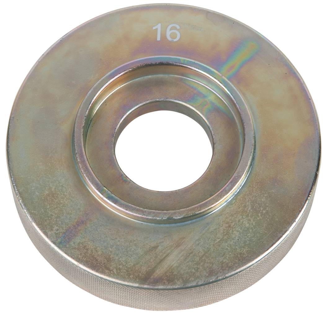 Ein runder Metallring mit Loch in der Mitte, nummeriert mit '16'. Die Oberfläche zeigt schillernde Farben.