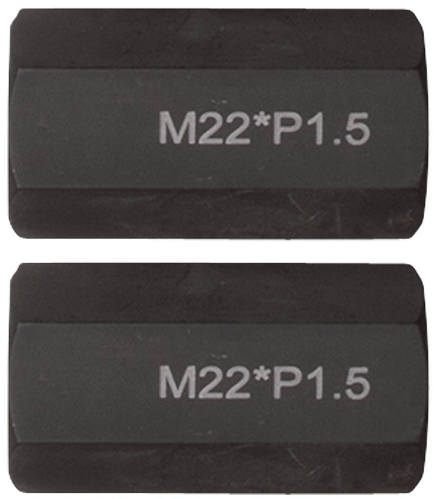 Zwei schwarze metallische Objekte mit der Aufschrift 'M22*P1.5'.