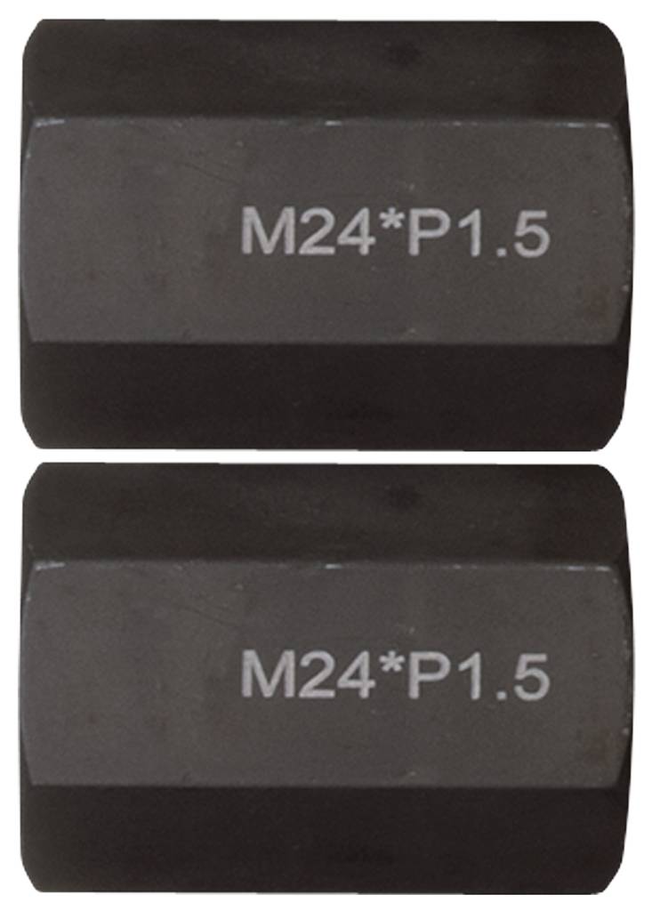 Zwei schwarze Metalladapter mit der Aufschrift 'M24*P1.5', übereinander angeordnet.