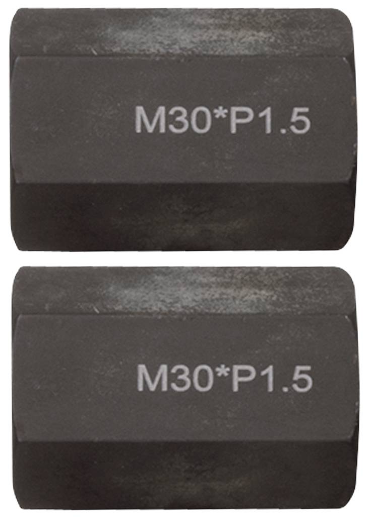 Zwei schwarze Metalladapter mit der Aufschrift 'M30*P1.5'. Sie sind identisch und liegen übereinander.