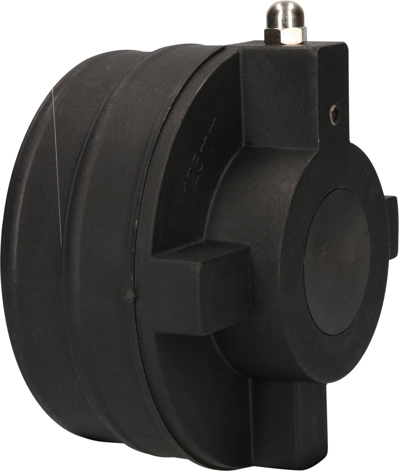 Schwarzer Kunststoff-Getriebemotor, rund mit mehreren erhaben geformten Segmenten und einem kleinen Metallteil an der Spitze.