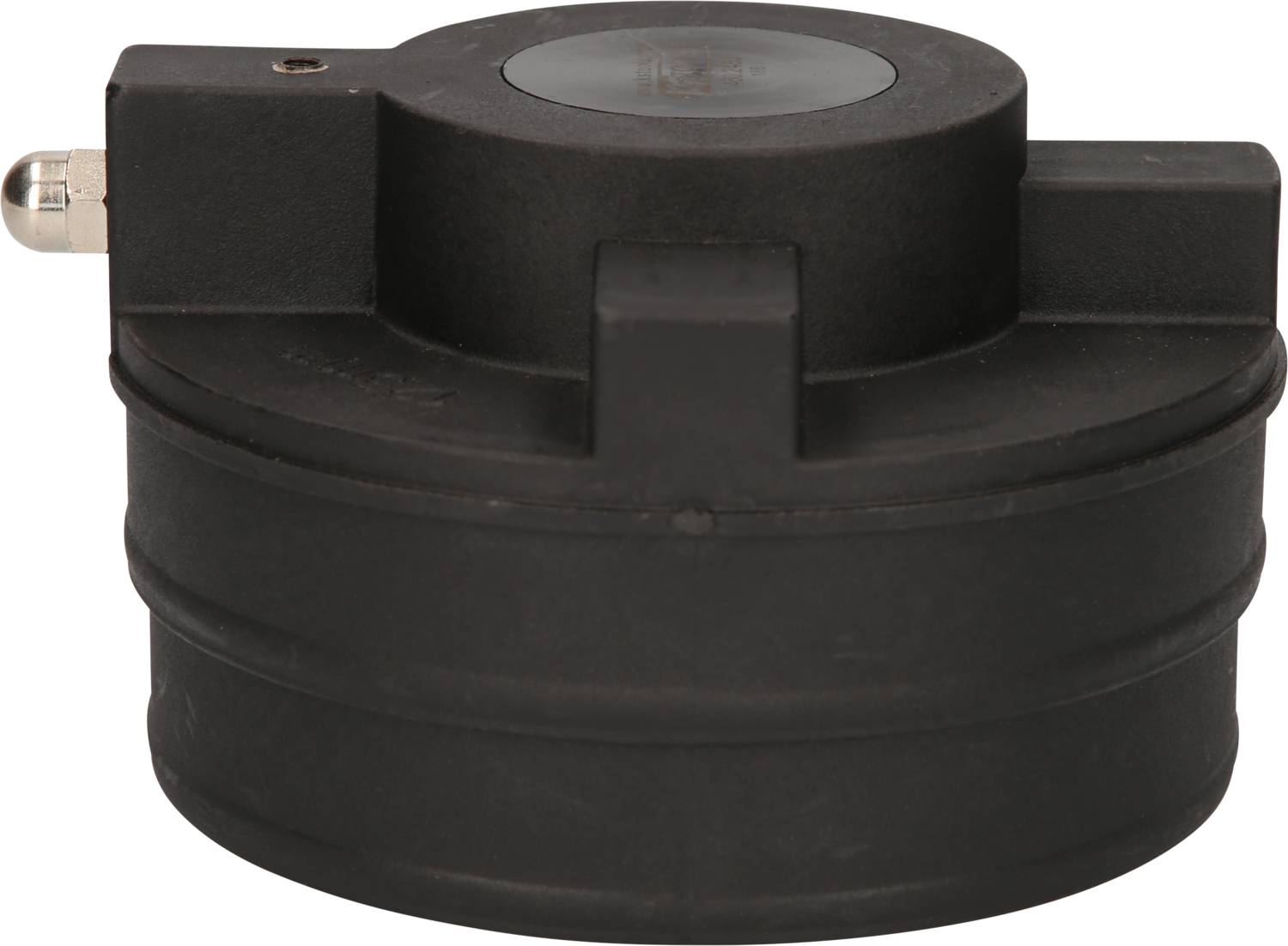Schwarzes, rundes, technisches Gerät mit einem sichtbaren Anschluss auf der linken Seite. Möglicherweise ein elektronischer Sensor.