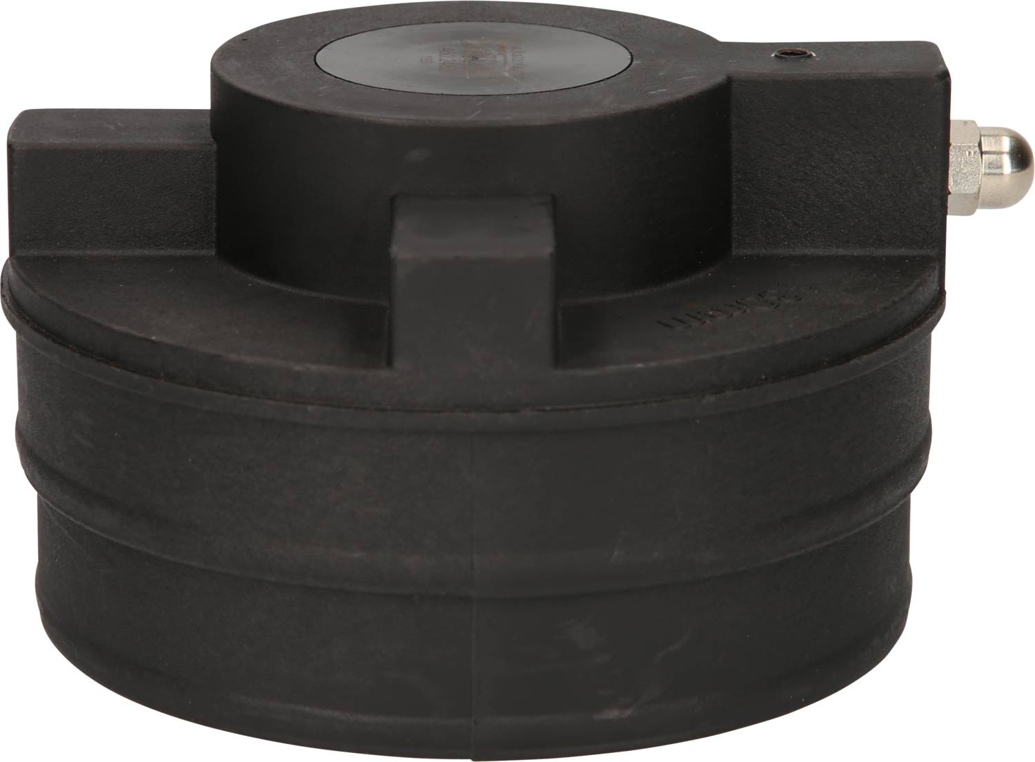 Ein schwarzer, runder Sensor mit einem Metallanschluss an der Seite, verwendet zur Messung von Druck, platziert auf hellem Hintergrund.