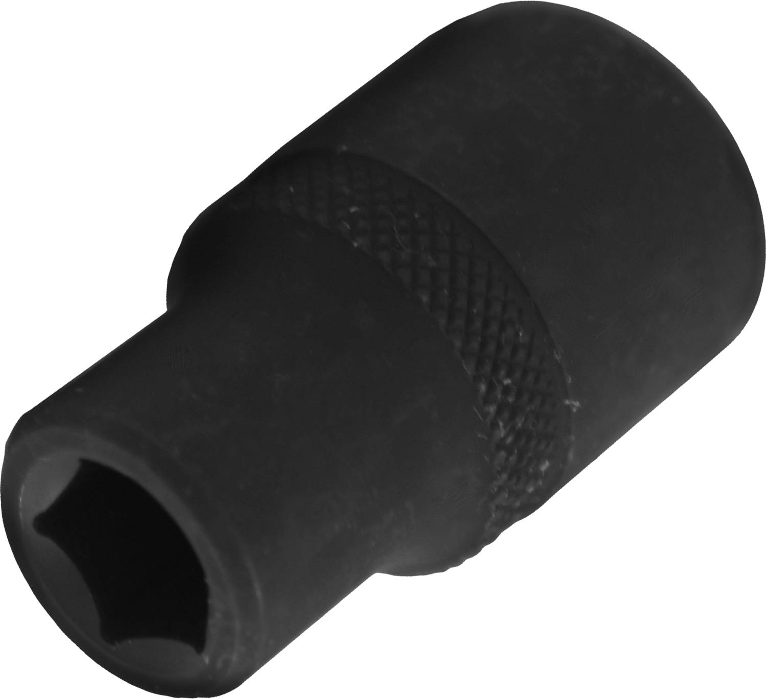 Eine schwarze Stecknuss mit sechseckigem Loch und strukturiertem Griff, geeignet für die Verwendung mit Steckschlüsseln oder Ratschen.