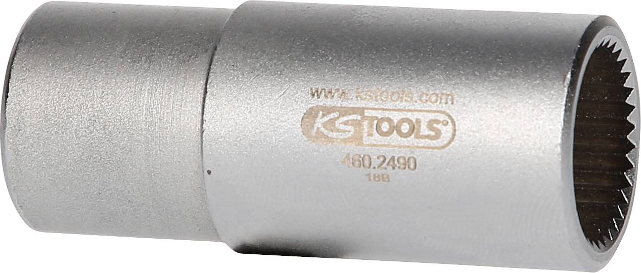 Metallischer Steckschlüssel mit gerändeltem Innenbereich, auf dem 'KS TOOLS' und eine Modellnummer aufgedruckt sind.