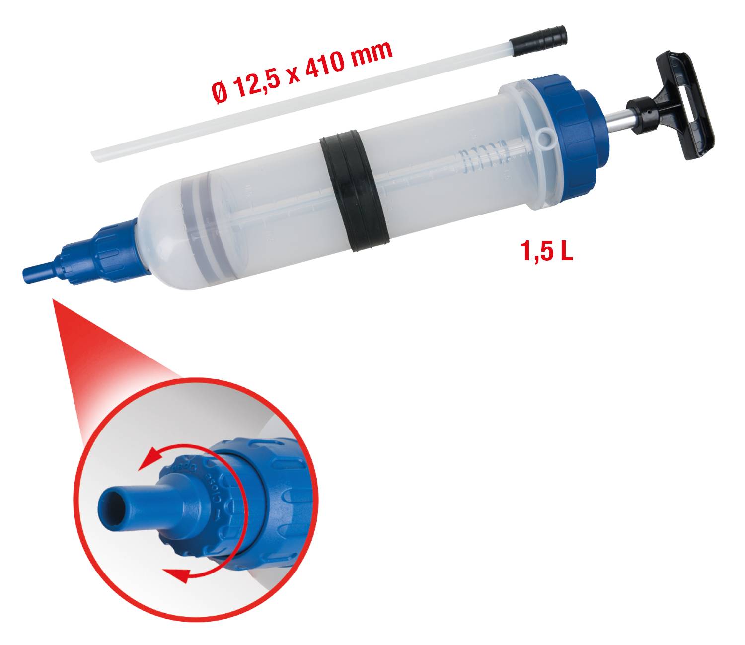 'Ölabsaugpumpe mit 1,5 L Fassungsvermögen und Ø 12,5 x 410 mm Größe. Hinweis auf Rotationsmechanismus der Düse.'