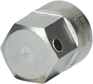 Metallische Düse mit sechseckigem Kopf, seitlichem Loch und Prägung. Verwendet in technischen Anwendungen zur Steuerung von Flüssigkeiten oder Gasen.