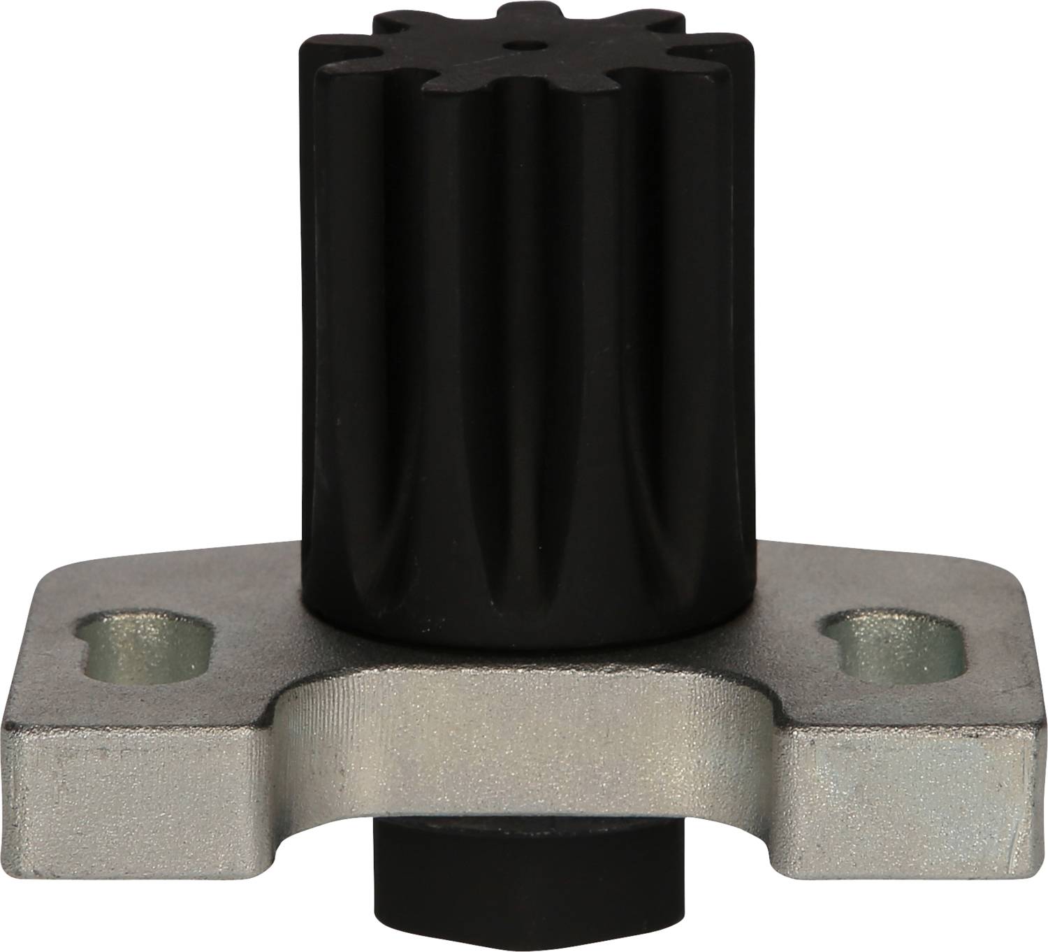 Eine schwarze, gerändelte Schraube auf einer rechteckigen, silbernen Metallhalterung mit zwei Bohrungen.