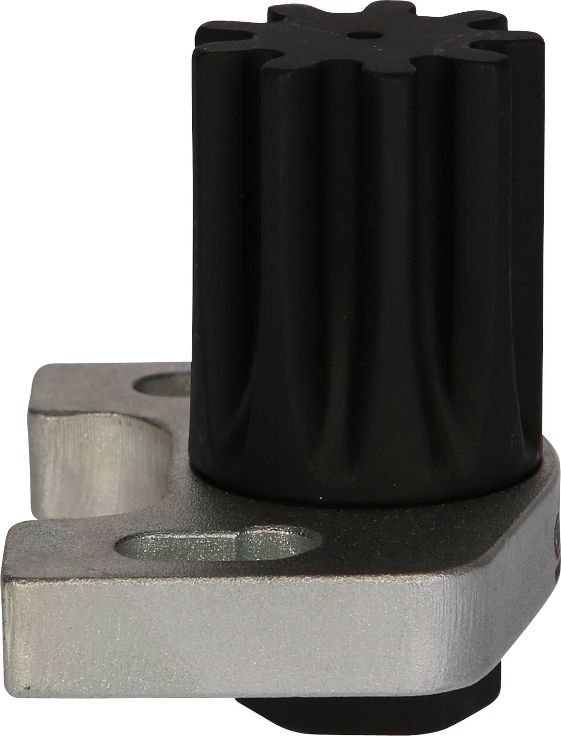 Eine schwarze Zahnradtrommel aus Kunststoff mit metallischer Halterung, möglicherweise Teil eines mechanischen Geräts oder Motors.