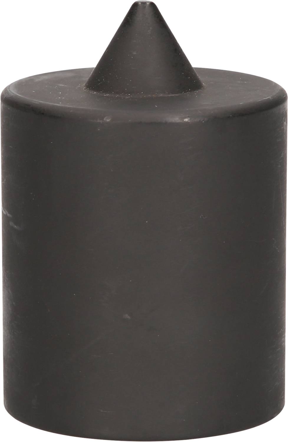 Eine schwarze zylindrische Kerze mit einer spitzen Oberseite.