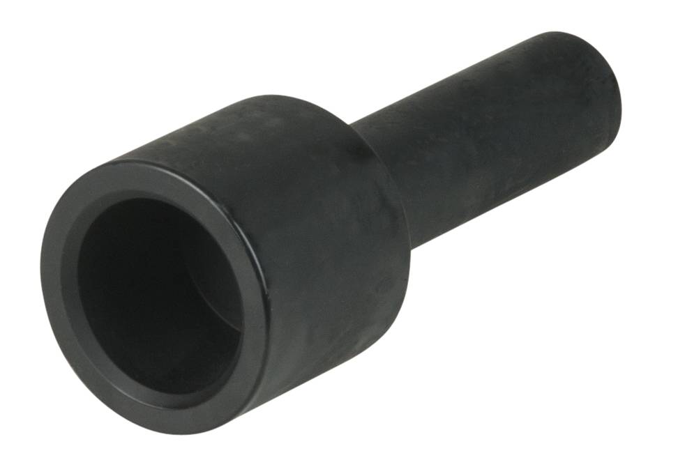 Ein schwarzes Metallrohr mit einem breiteren, zylindrischen Ende liegt schräg auf einer weißen Fläche.