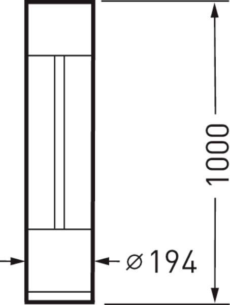 'Technische Zeichnung eines zylindrischen Objekts in Seitenansicht. Höhe ist 1000 mm, Durchmesser 194 mm.'
