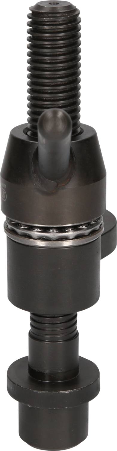 Schwarzer Metallformteil mit mehreren Gewinden und Zylindern, wahrscheinlich mechanisches Bauteil oder Werkzeugaufsatz.