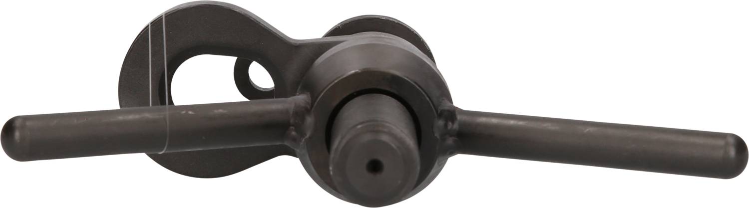 Eine schwarze metallische Handkurbel mit zwei Griffen und einer runden zentralen Achse, die für mechanische Bewegung verwendet wird.