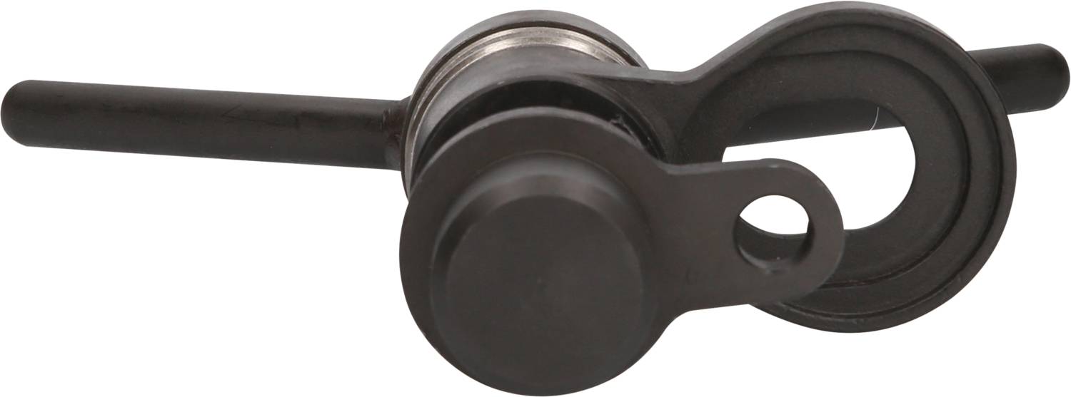 Ein schwarzes Metallwerkzeug mit zwei parallelen Stangen, einer kreisförmigen Halterung und einem drehbaren Mechanismus in der Mitte.
